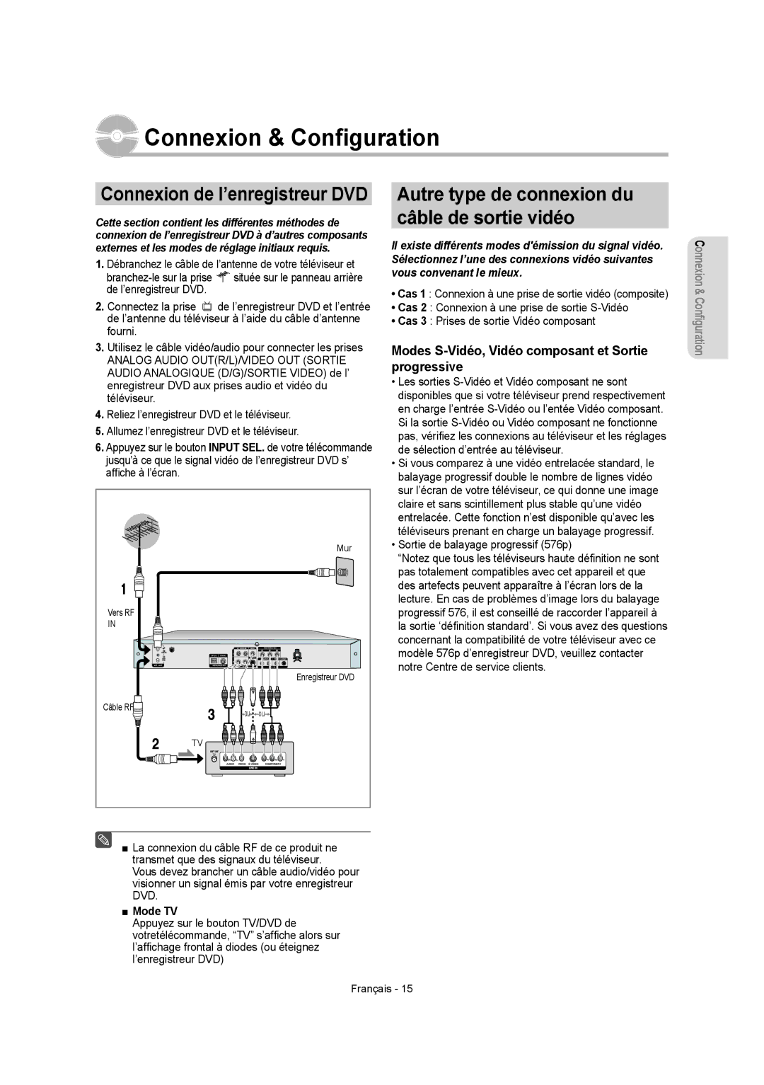 Samsung DVD-R155 Connexion & Conﬁguration, Autre type de connexion du câble de sortie vidéo, Afﬁche à l’écran, Mode TV 