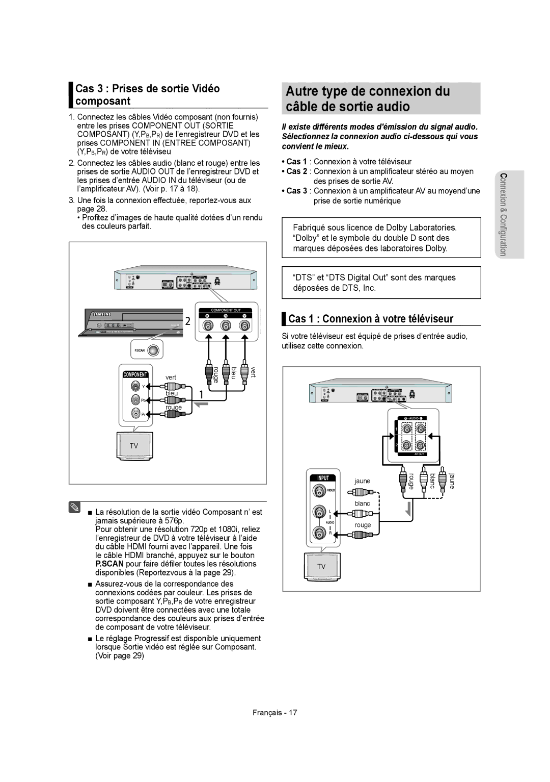 Samsung DVD-R155, DVD-R150 Autre type de connexion du câble de sortie audio, Cas 3 Prises de sortie Vidéo composant 