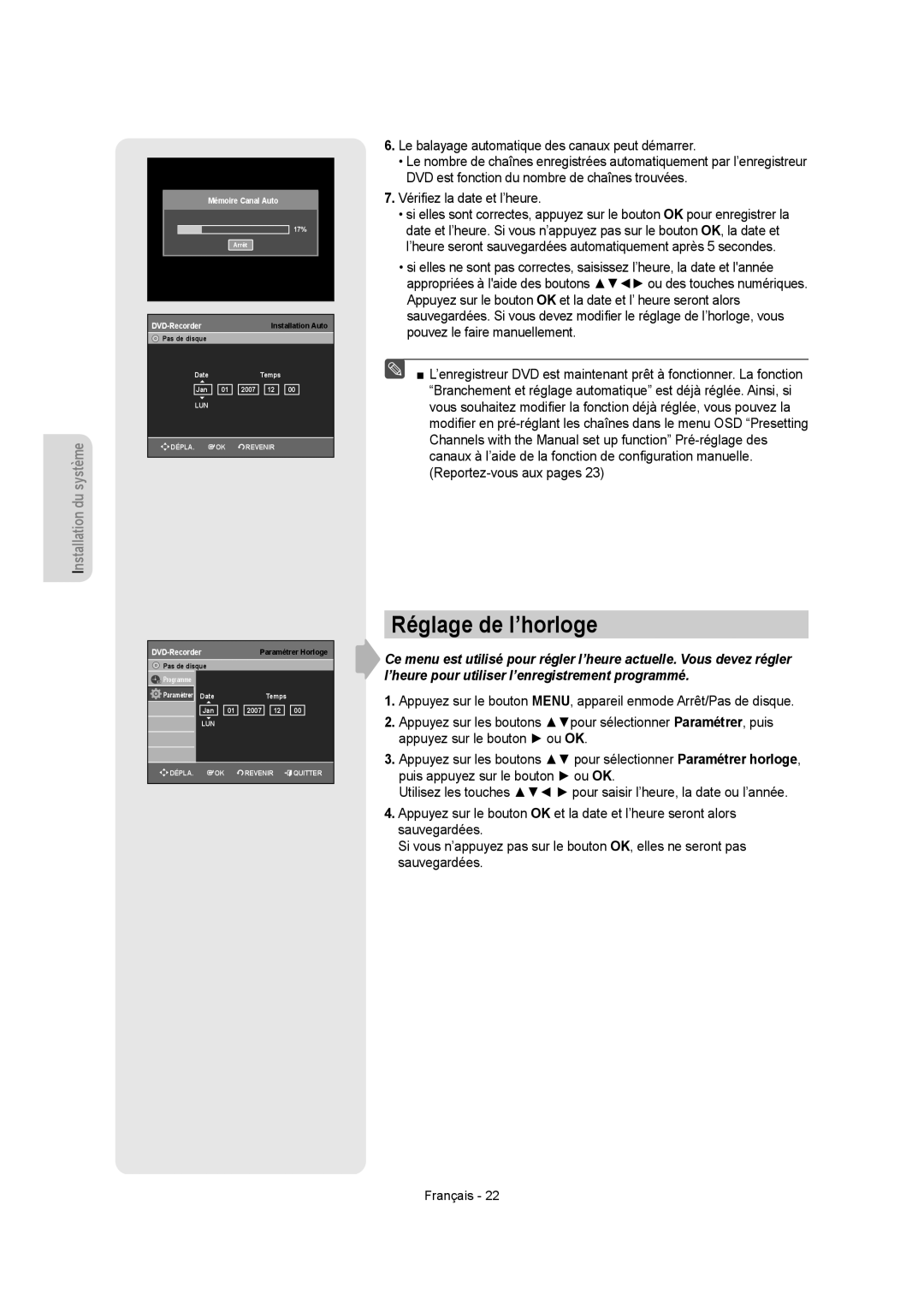 Samsung DVD-R150, DVD-R155 instruction manual Réglage de l’horloge, Installation du système 