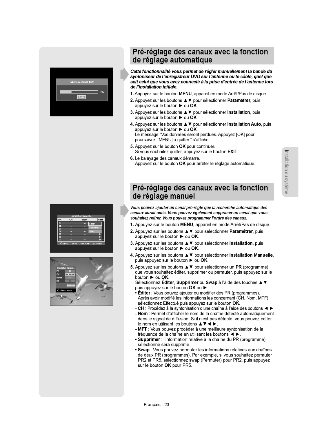 Samsung DVD-R155, DVD-R150 instruction manual Pré-réglage des canaux avec la fonction de réglage manuel 