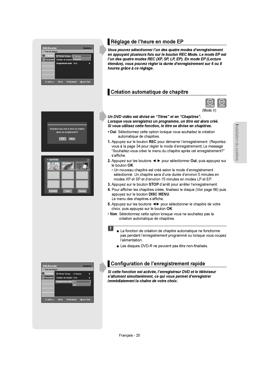 Samsung DVD-R155 Réglage de l’heure en mode EP, Création automatique de chapitre, Conﬁguration de l’enregistrement rapide 