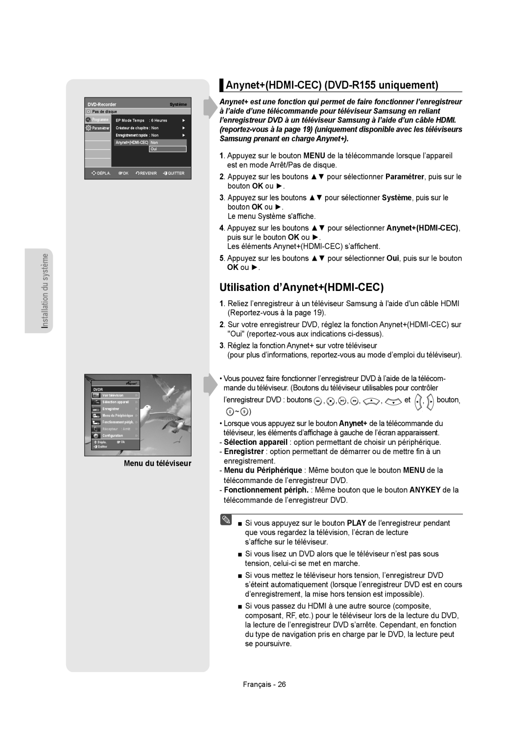 Samsung DVD-R150 instruction manual Anynet+HDMI-CEC DVD-R155 uniquement, Utilisation d’Anynet+HDMI-CEC, Menu du téléviseur 