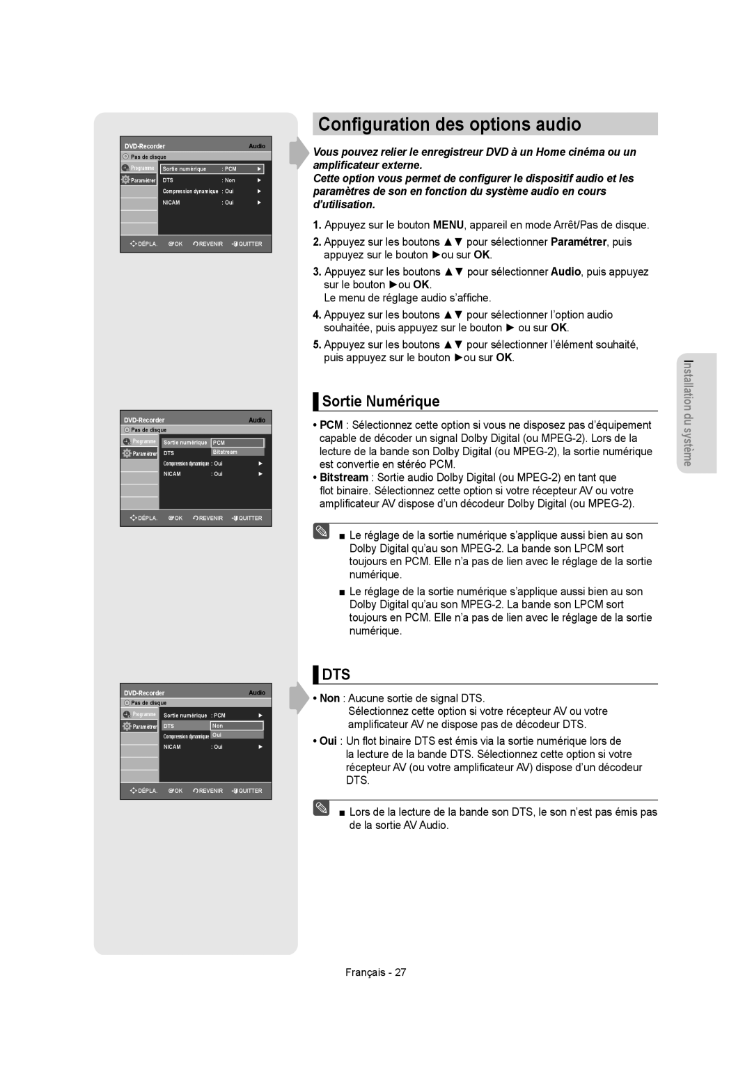 Samsung DVD-R155, DVD-R150 Conﬁguration des options audio, Sortie Numérique, Non Aucune sortie de signal DTS 