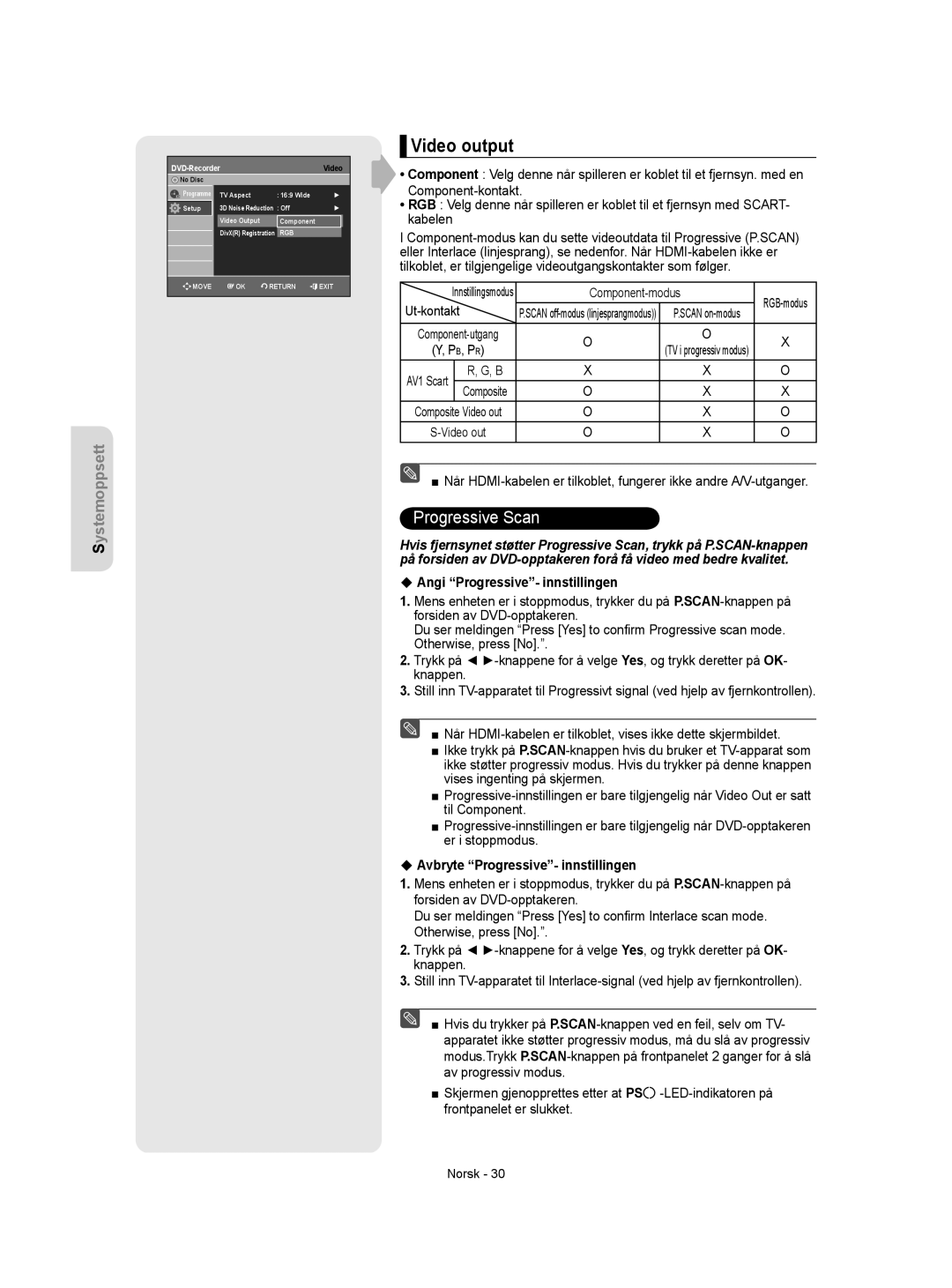 Samsung DVD-R155/XEE, DVD-R150/XEE manual Video output, Component-modus, ‹ Angi Progressive- innstillingen 