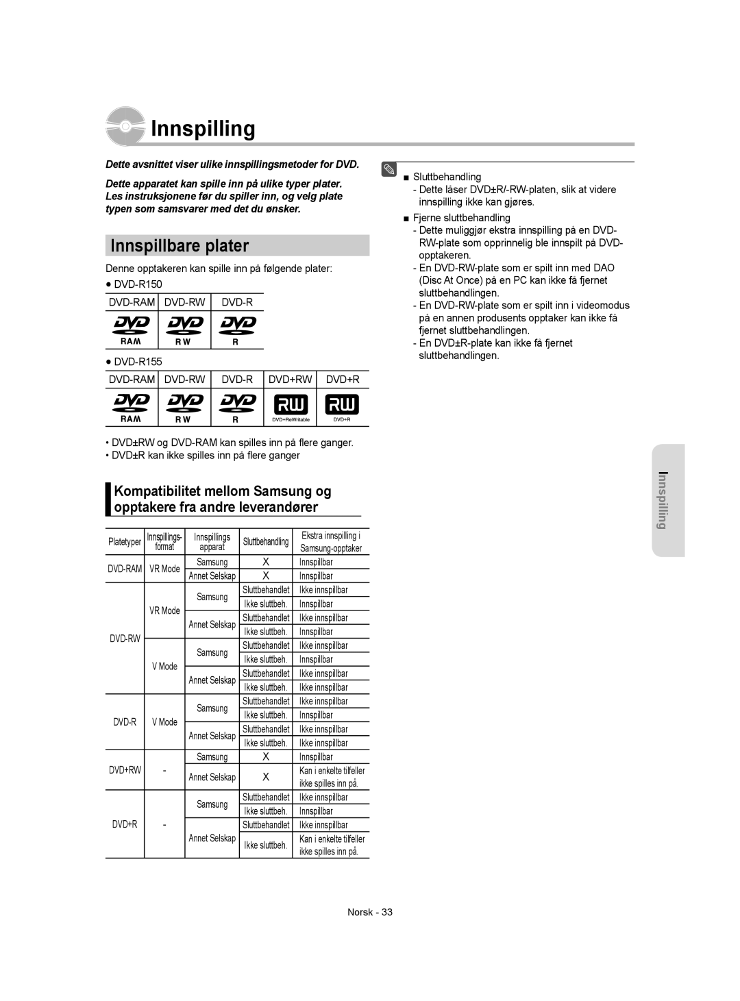 Samsung DVD-R150/XEE manual Innspilling, Innspillbare plater, Dette avsnittet viser ulike innspillingsmetoder for DVD 