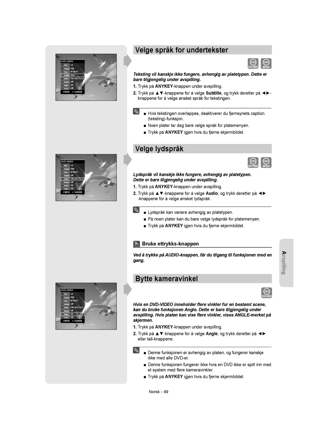 Samsung DVD-R150/XEE manual Velge språk for undertekster, Velge lydspråk, Bytte kameravinkel, Bruke ettrykks-knappen 