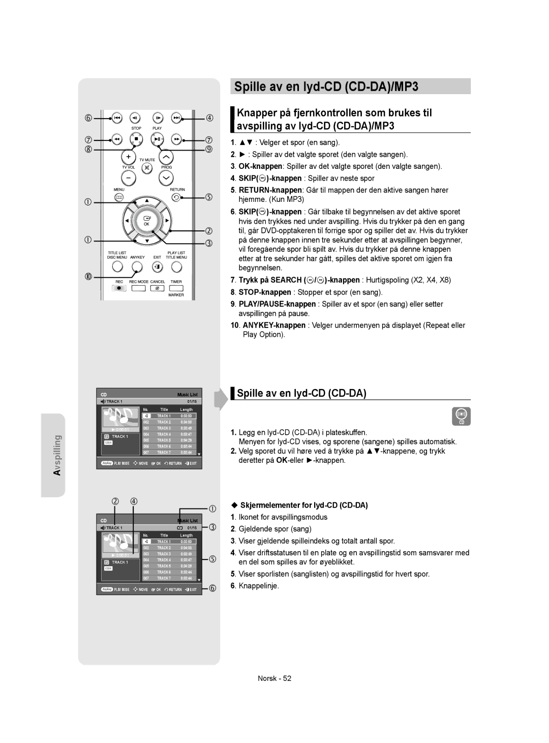 Samsung DVD-R155/XEE, DVD-R150/XEE manual Spille av en lyd-CD CD-DA/MP3 