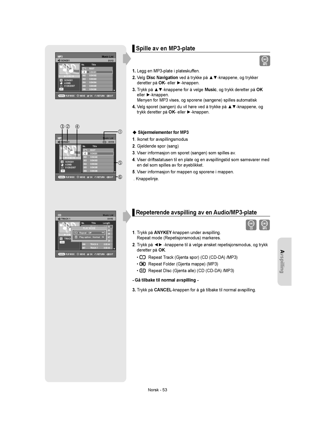 Samsung DVD-R150/XEE manual Spille av en MP3-plate, Repeterende avspilling av en Audio/MP3-plate, ‹ Skjermelementer for MP3 