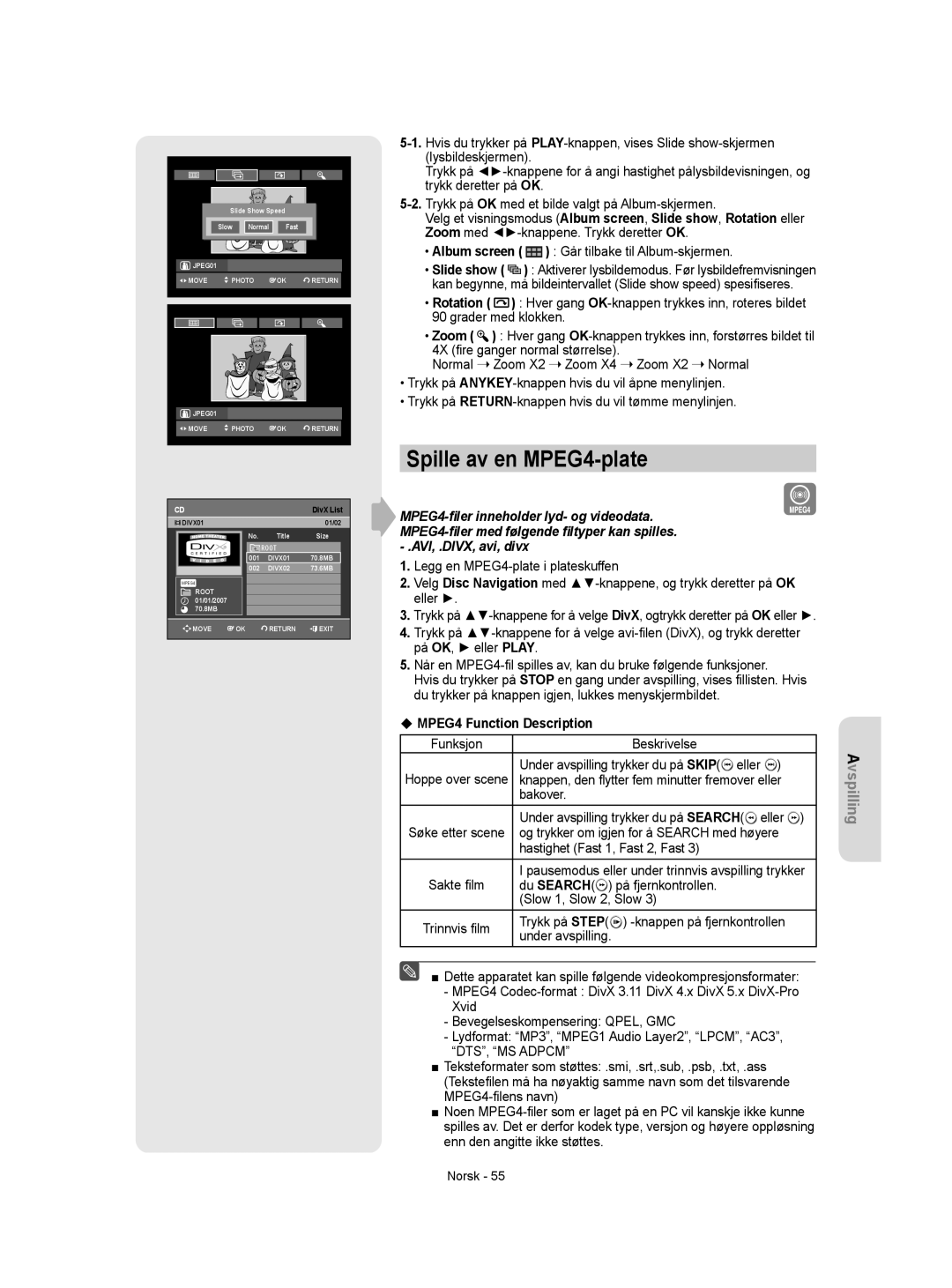 Samsung DVD-R150/XEE, DVD-R155/XEE manual Spille av en MPEG4-plate, ‹ MPEG4 Function Description 