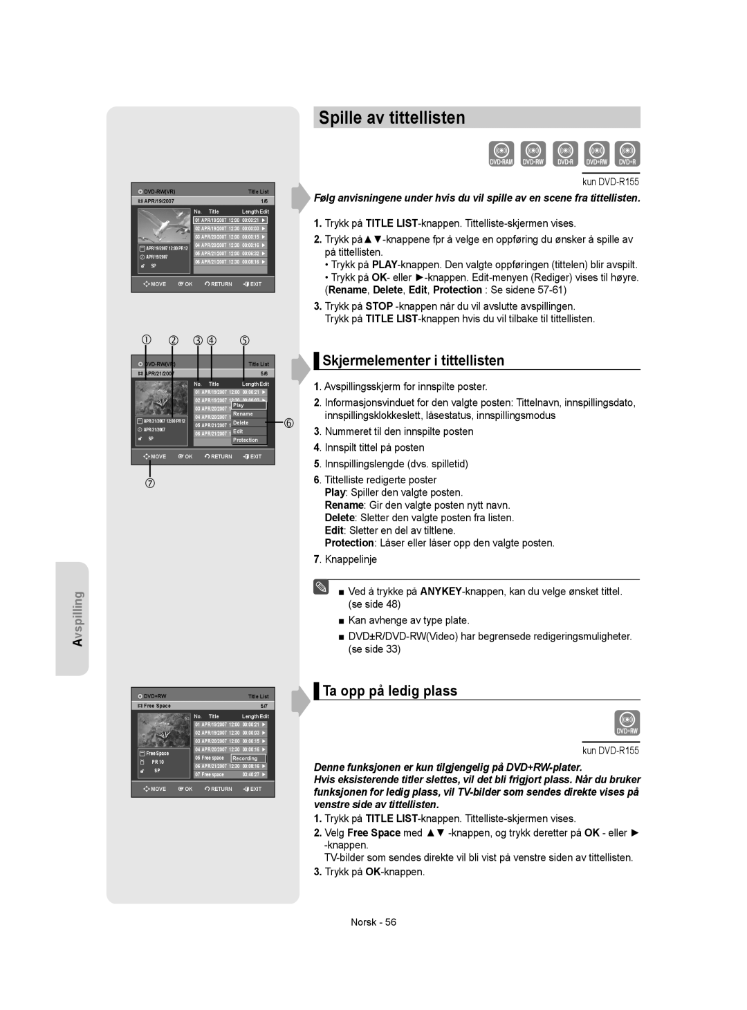 Samsung DVD-R155/XEE, DVD-R150/XEE manual Spille av tittellisten, Skjermelementer i tittellisten, Ta opp på ledig plass 