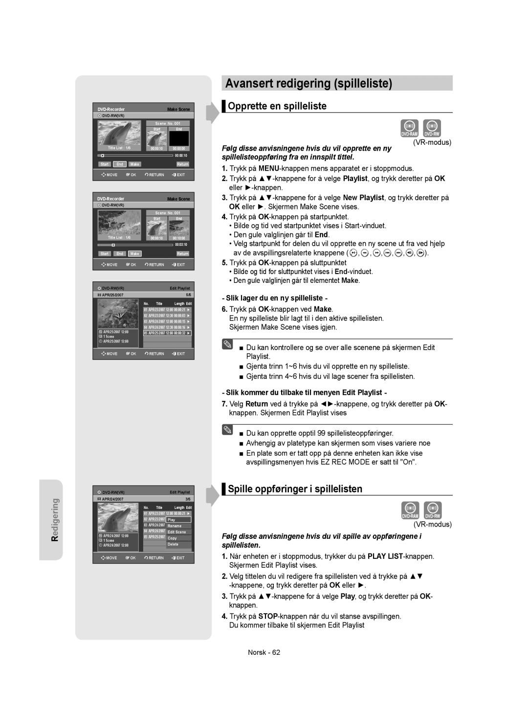 Samsung DVD-R155/XEE manual Avansert redigering spilleliste, Opprette en spilleliste, Spille oppføringer i spillelisten 