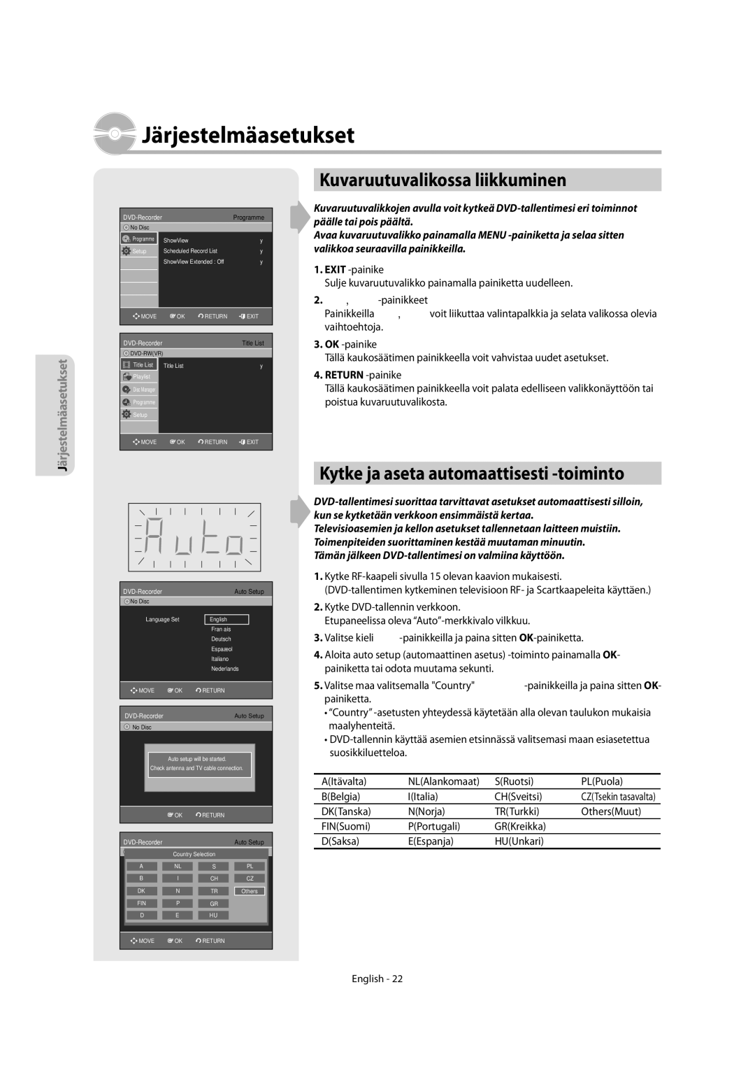 Samsung DVD-R150/XEE manual Järjestelmäasetukset, Kuvaruutuvalikossa liikkuminen, Kytke ja aseta automaattisesti -toiminto 