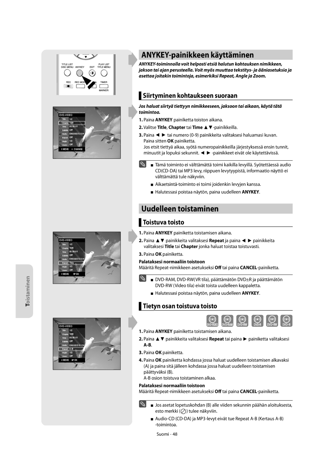 Samsung DVD-R150/XEE, DVD-R155/XEE ANYKEY-painikkeen käyttäminen, Uudelleen toistaminen, Siirtyminen kohtaukseen suoraan 