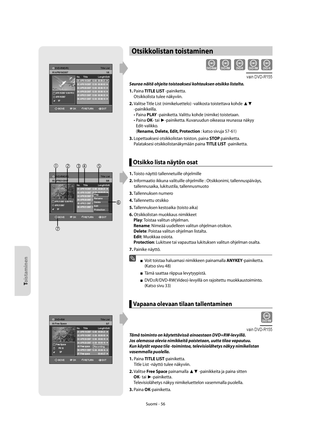 Samsung DVD-R150/XEE manual Otsikkolistan toistaminen, Otsikko lista näytön osat, Vapaana olevaan tilaan tallentaminen 