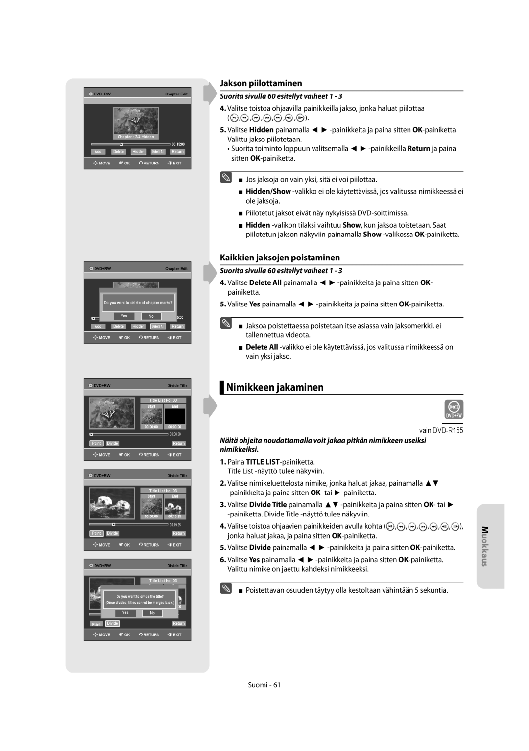 Samsung DVD-R155/XEE, DVD-R150/XEE manual Nimikkeen jakaminen, Jakson piilottaminen, Kaikkien jaksojen poistaminen 