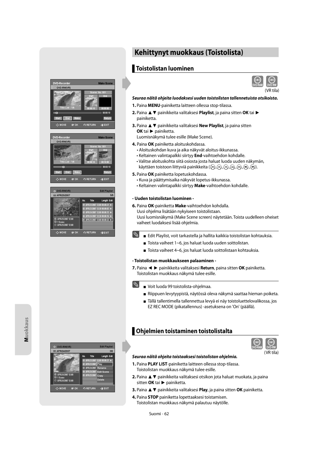 Samsung DVD-R150/XEE manual Kehittynyt muokkaus Toistolista, Toistolistan luominen, Ohjelmien toistaminen toistolistalta 