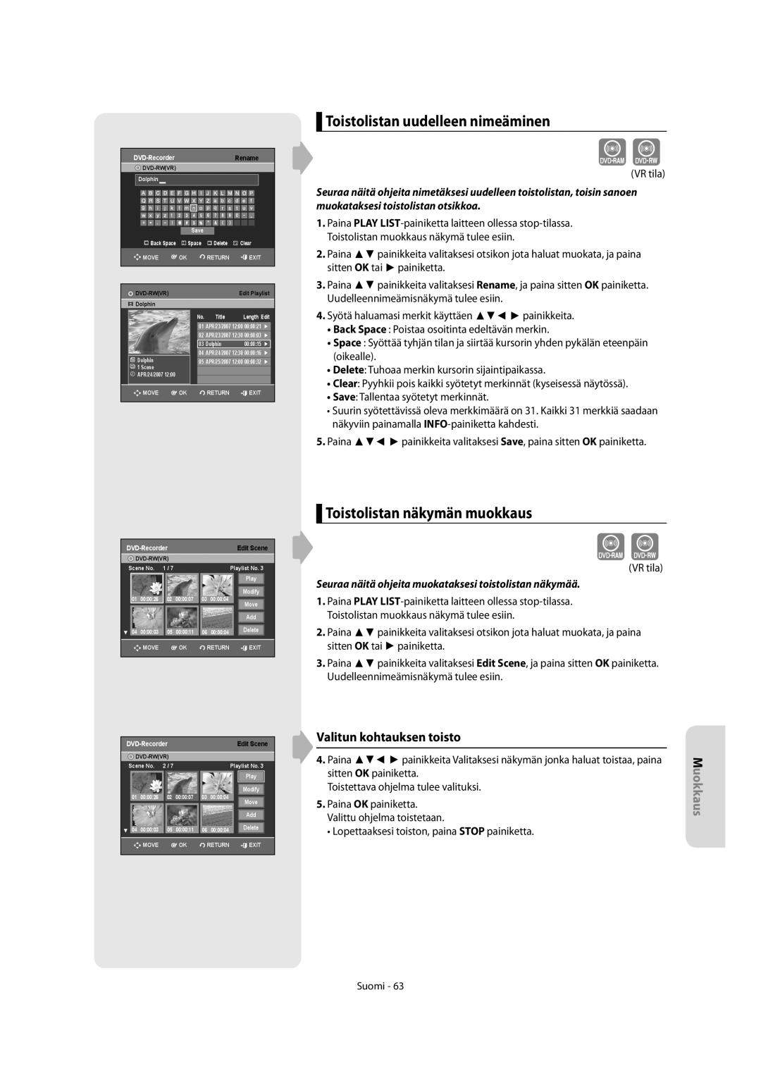 Samsung DVD-R155/XEE manual Toistolistan uudelleen nimeäminen, Toistolistan näkymän muokkaus, Valitun kohtauksen toisto 