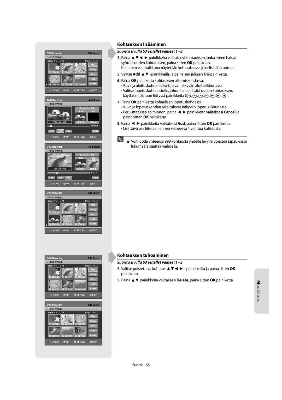 Samsung DVD-R155/XEE, DVD-R150/XEE manual Kohtauksen lisääminen, Kohtauksen tuhoaminen 