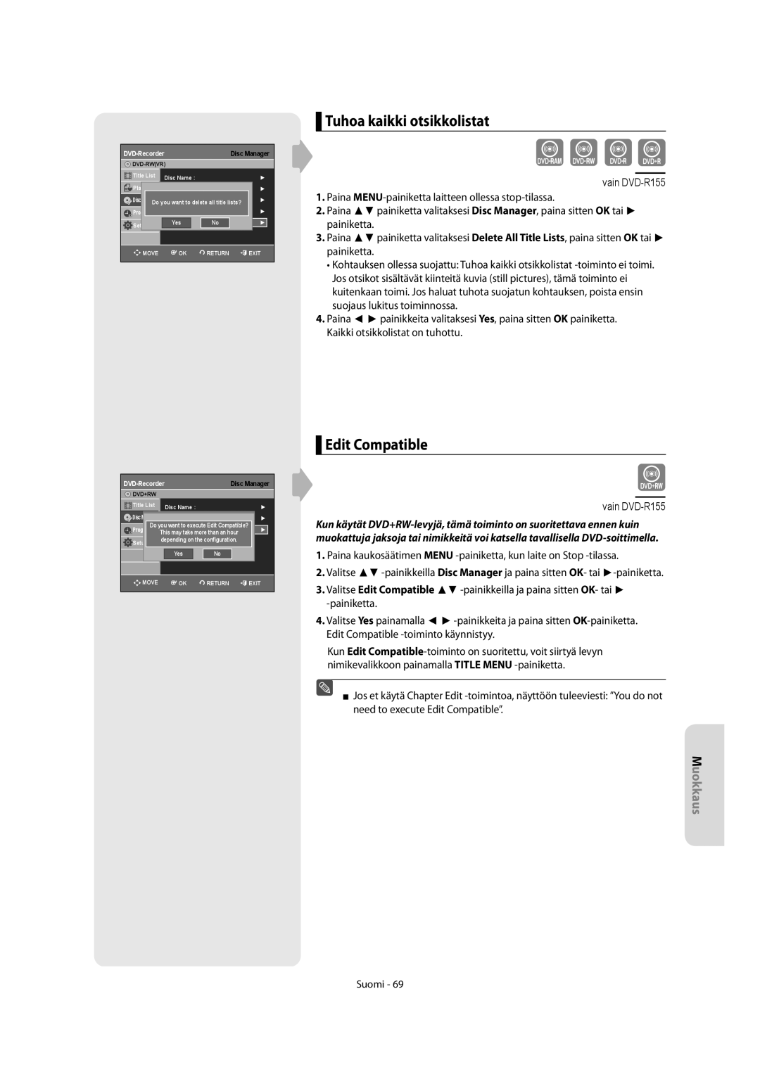 Samsung DVD-R155/XEE, DVD-R150/XEE manual Tuhoa kaikki otsikkolistat, Edit Compatible 