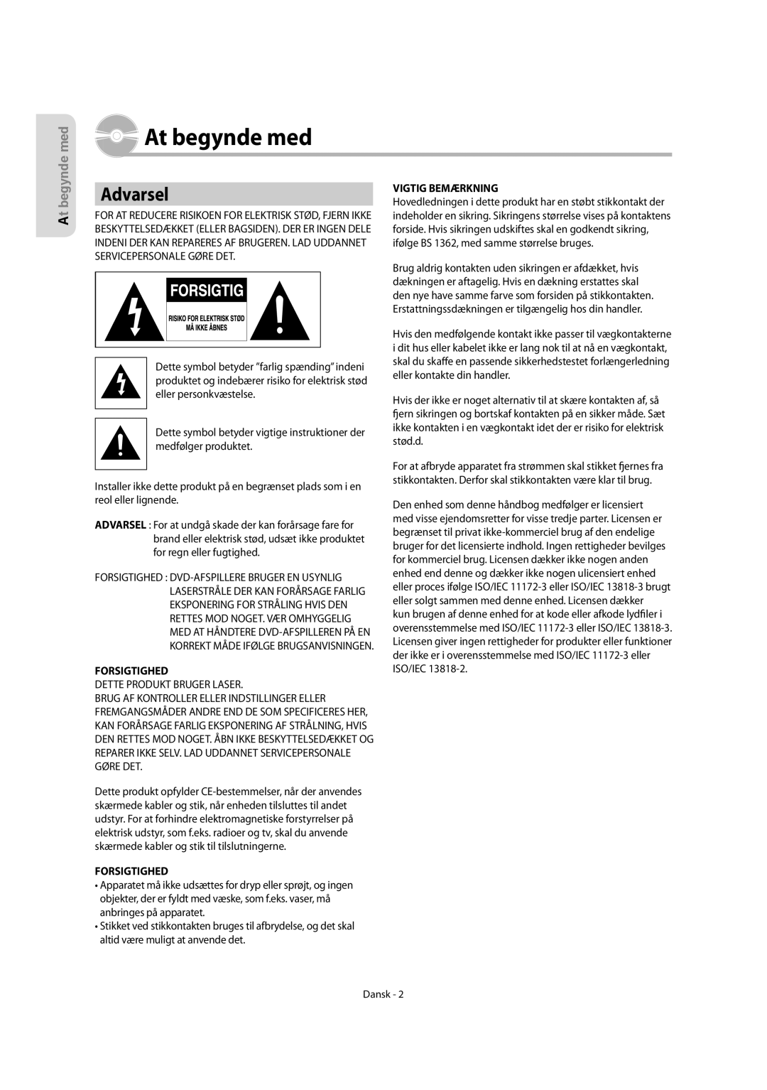 Samsung DVD-R155/XEE, DVD-R150/XEE manual At begynde med, Dansk 