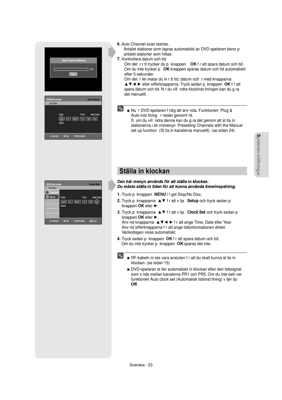 Samsung DVD-R155/XEE, DVD-R150/XEE manual Ställa in klockan 