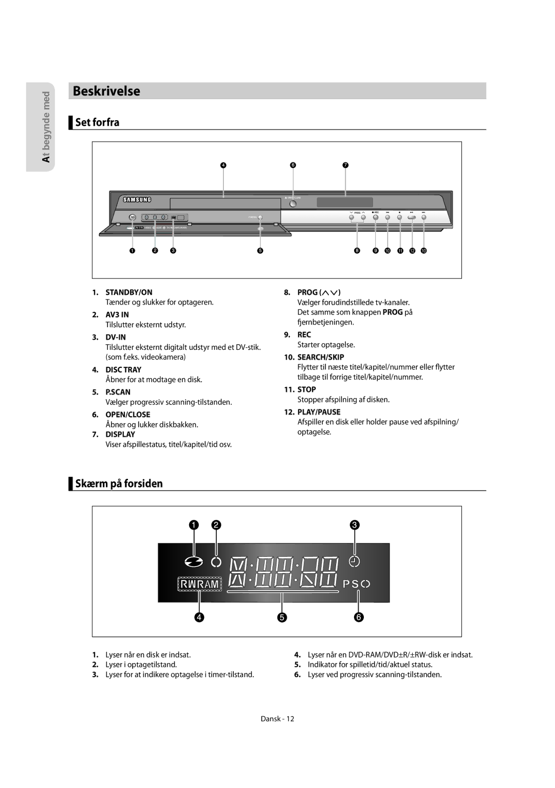 Samsung DVD-R155/XEE, DVD-R150/XEE manual Set forfra, Skærm på forsiden 