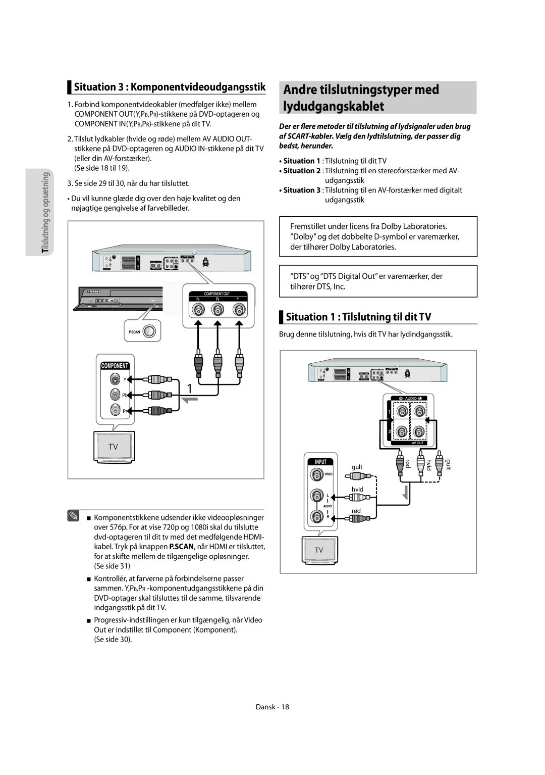 Samsung DVD-R155/XEE, DVD-R150/XEE manual Andre tilslutningstyper med lydudgangskablet, Situation 1 Tilslutning til dit TV 