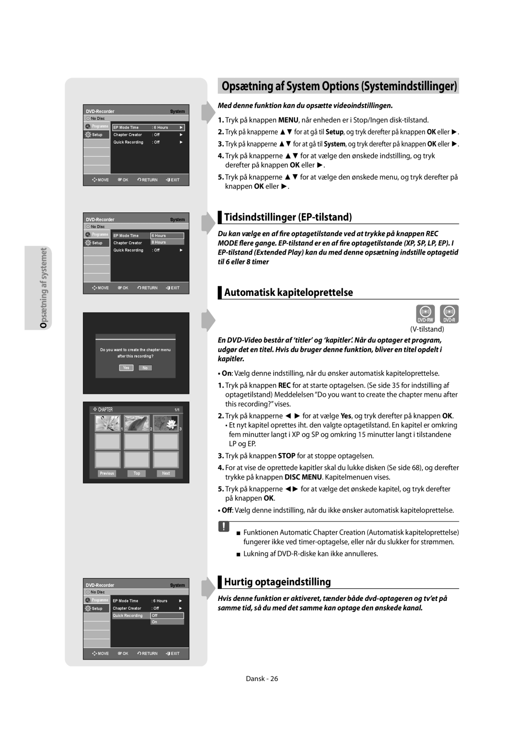 Samsung DVD-R155/XEE, DVD-R150/XEE Tidsindstillinger EP-tilstand, Automatisk kapiteloprettelse, Hurtig optageindstilling 