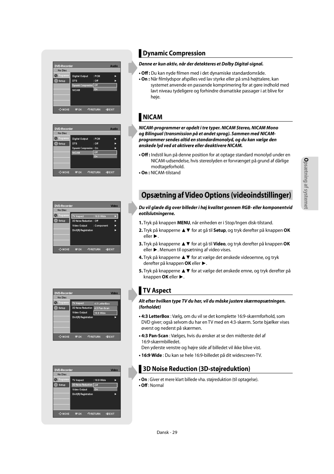 Samsung DVD-R150/XEE, DVD-R155/XEE manual Opsætning af Video Options videoindstillinger, 3D Noise Reduction 3D-støjreduktion 