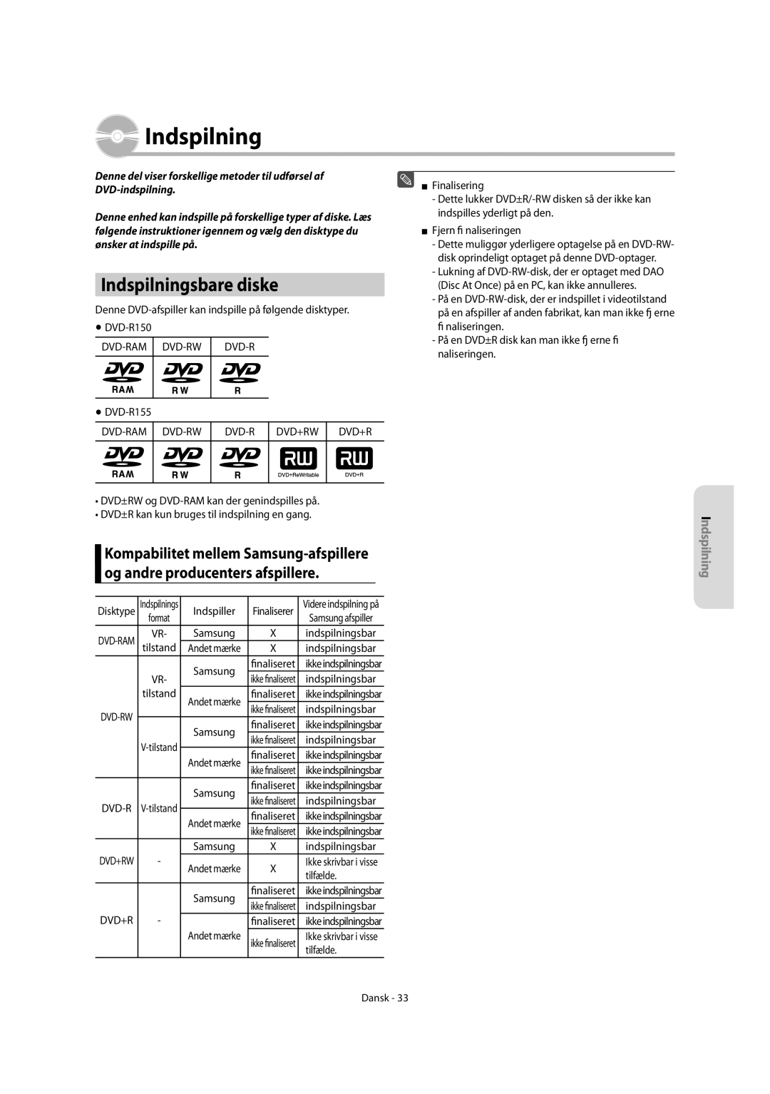 Samsung DVD-R150/XEE, DVD-R155/XEE manual Indspilningsbare diske, Indspiller, Tilfælde 