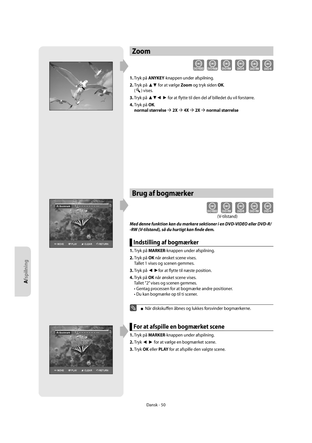 Samsung DVD-R155/XEE, DVD-R150/XEE manual Brug af bogmærker, Indstilling af bogmærker, For at afspille en bogmærket scene 