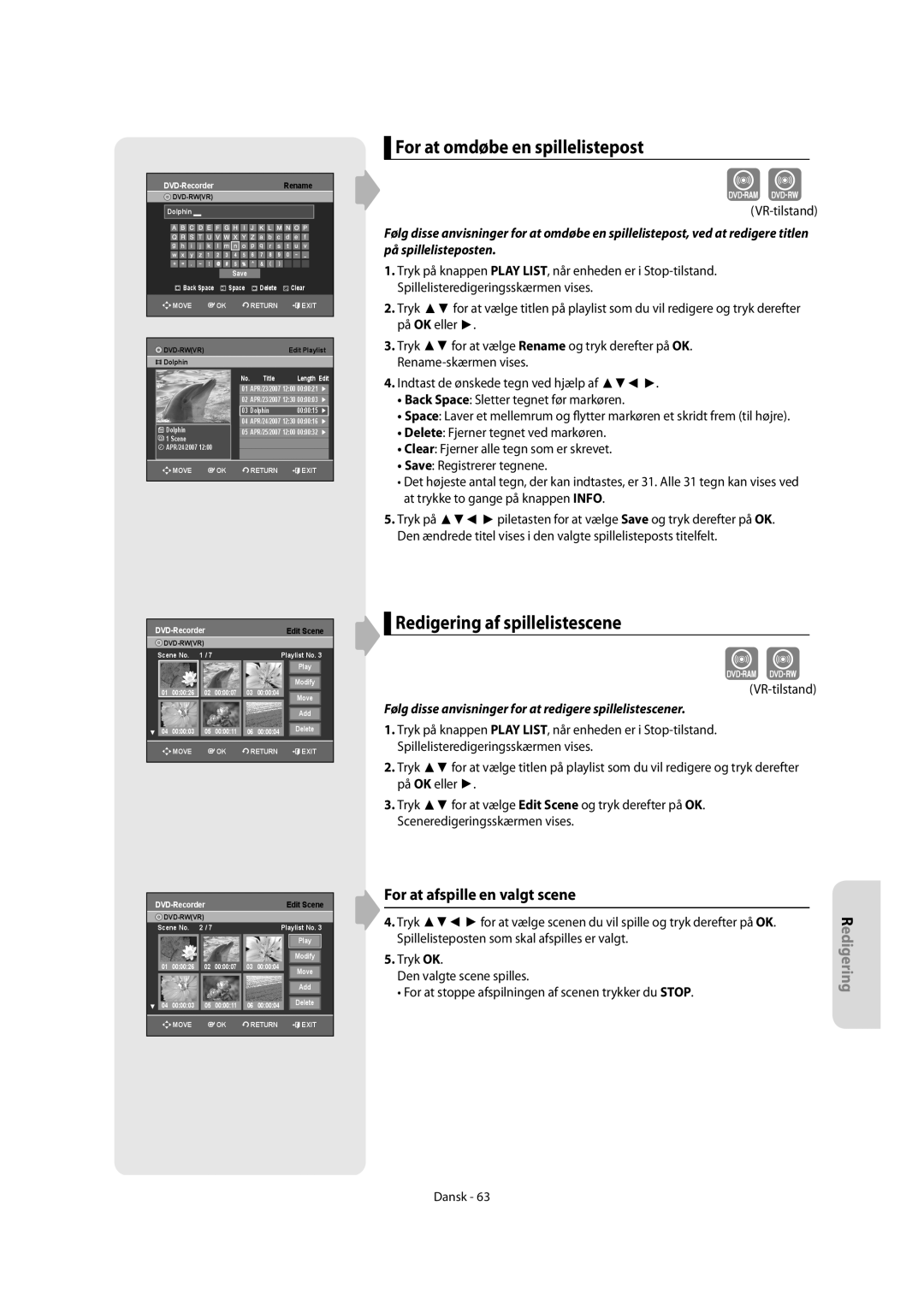 Samsung DVD-R150/XEE For at omdøbe en spillelistepost, Redigering af spillelistescene, For at afspille en valgt scene 