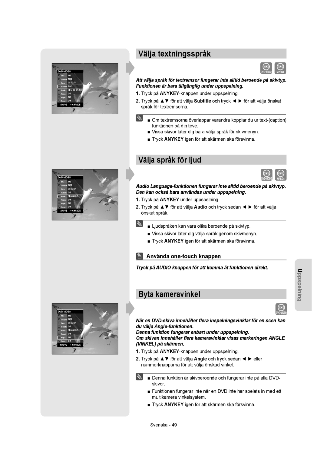 Samsung DVD-R155/XEE manual Välja textningsspråk, Välja språk för ljud, Byta kameravinkel, Använda one-touch knappen 