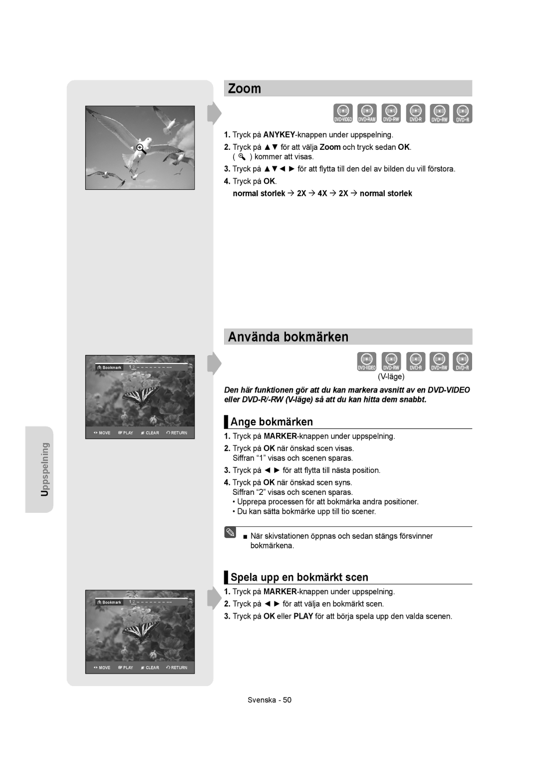 Samsung DVD-R150/XEE, DVD-R155/XEE manual Zoom, Använda bokmärken, Ange bokmärken, Spela upp en bokmärkt scen 