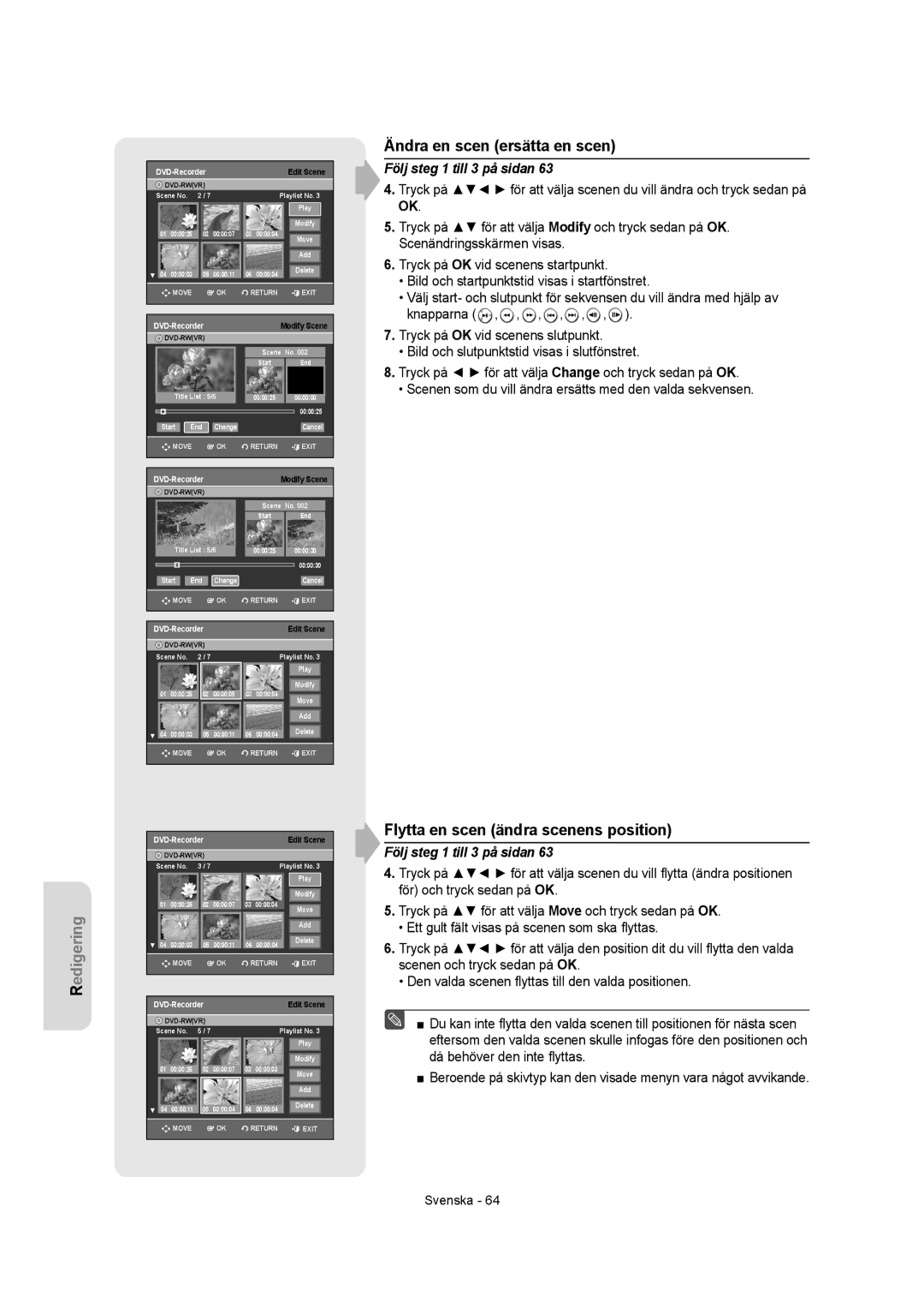 Samsung DVD-R150/XEE, DVD-R155/XEE manual Ändra en scen ersätta en scen, Flytta en scen ändra scenens position 