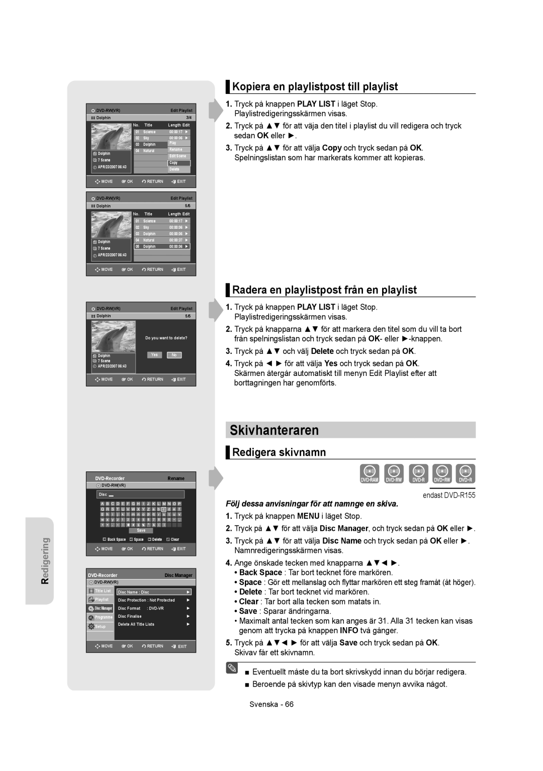 Samsung DVD-R150/XEE manual Skivhanteraren, Kopiera en playlistpost till playlist, Radera en playlistpost från en playlist 