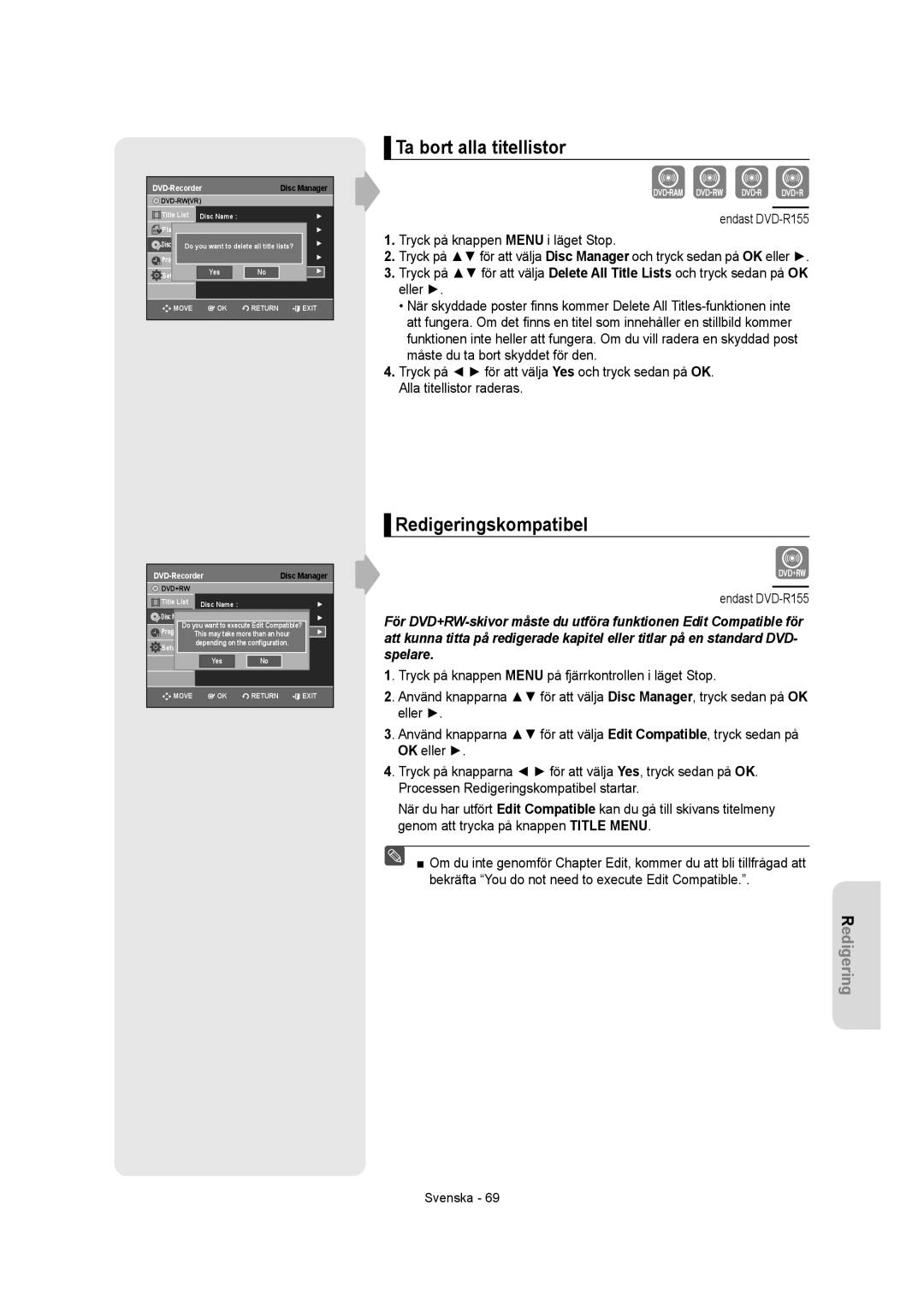 Samsung DVD-R155/XEE, DVD-R150/XEE manual Ta bort alla titellistor, Redigeringskompatibel 