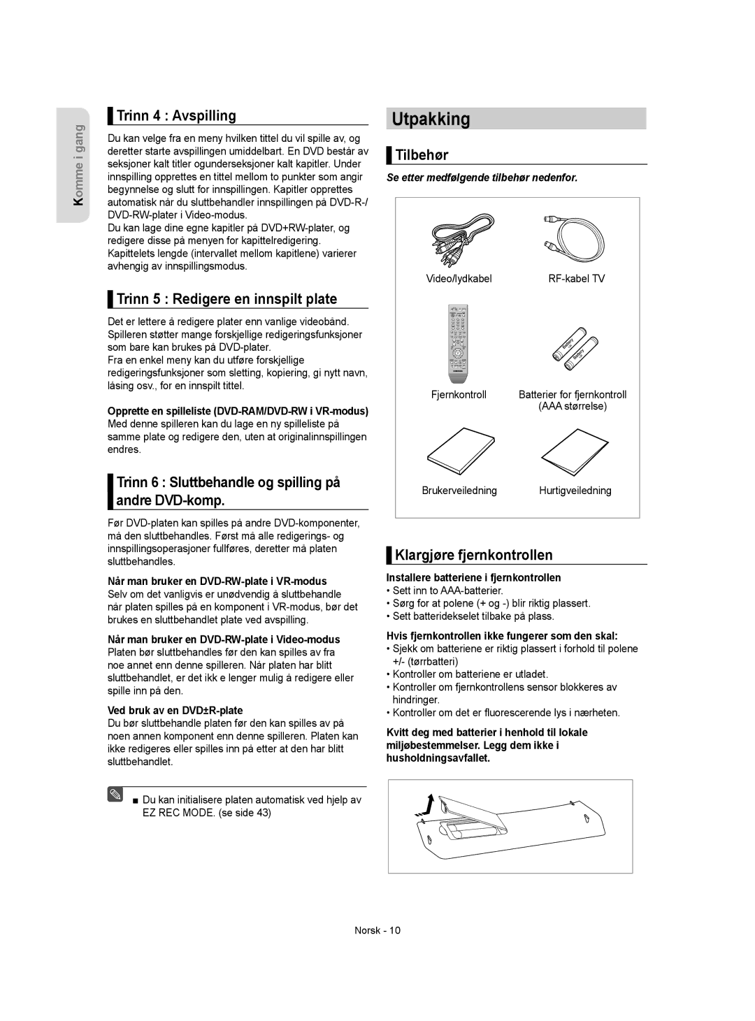 Samsung DVD-R155/XEE, DVD-R150/XEE manual Utpakking 