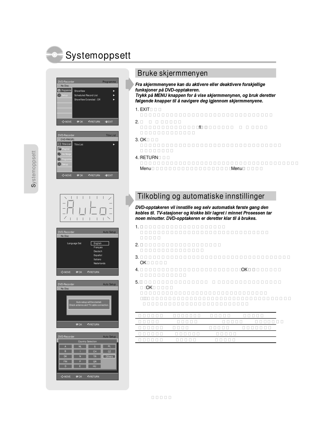 Samsung DVD-R155/XEE manual Systemoppsett, Bruke skjermmenyen, Tilkobling og automatiske innstillinger, RETURN-knapp 