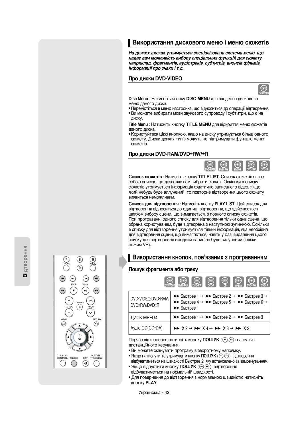 Samsung DVD-R150/XEE manual ÇËÍÓËÒÚ‡ÌÌﬂ ‰ËÒÍÓ‚Ó„Ó ÏÂÌ˛ ¥ ÏÂÌ˛ Ò˛ÊÂÚ¥‚, ÇËÍÓËÒÚ‡ÌÌﬂ ÍÌÓÔÓÍ, ÔÓ‚’ﬂÁ‡ÌËı Á ÔÓ„‡‚‡ÌÌﬂÏ 