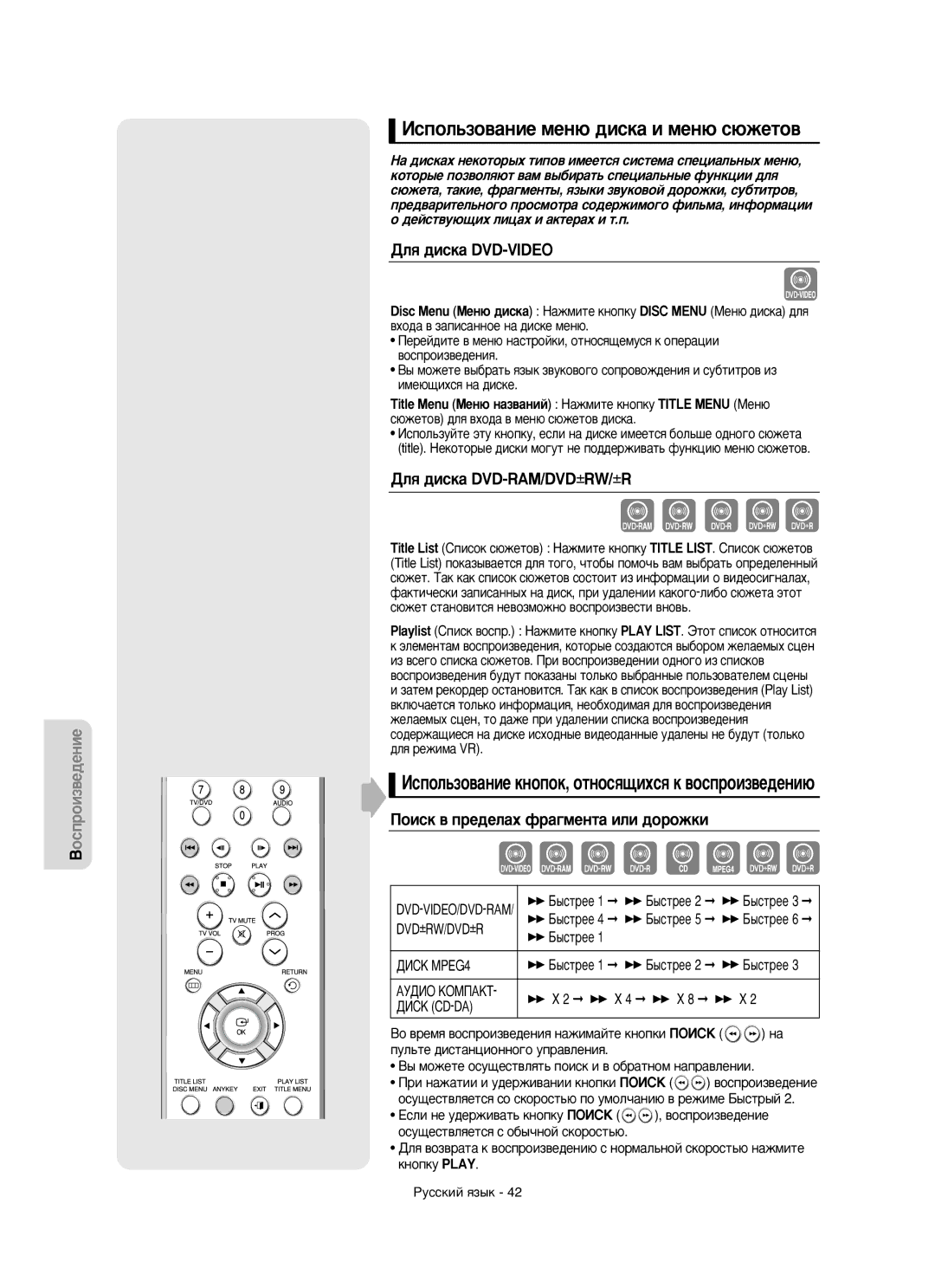 Samsung DVD-R150/XEE manual Àòôóî¸Áó‚‡Ìëâ Ïâì˛ ‰Ëòí‡ Ë Ïâì˛ Ò˛Êâúó‚, ÑÎﬂ ‰ËÒÍ‡ DVD-VIDEO, ÑÎﬂ ‰ËÒÍ‡ DVD-RAM/DVD±RW/±R 