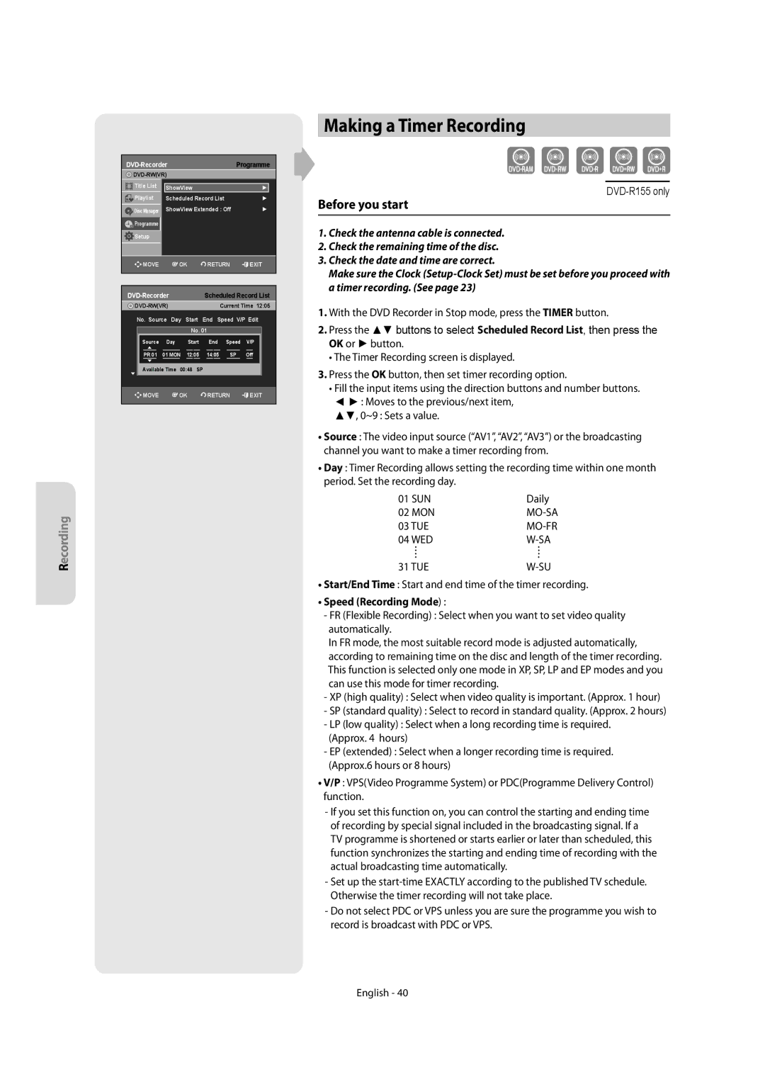 Samsung DVD-R150/XEB, DVD-R150/XEN, DVD-R155/XEB manual Making a Timer Recording, 03 TUE, Speed Recording Mode 