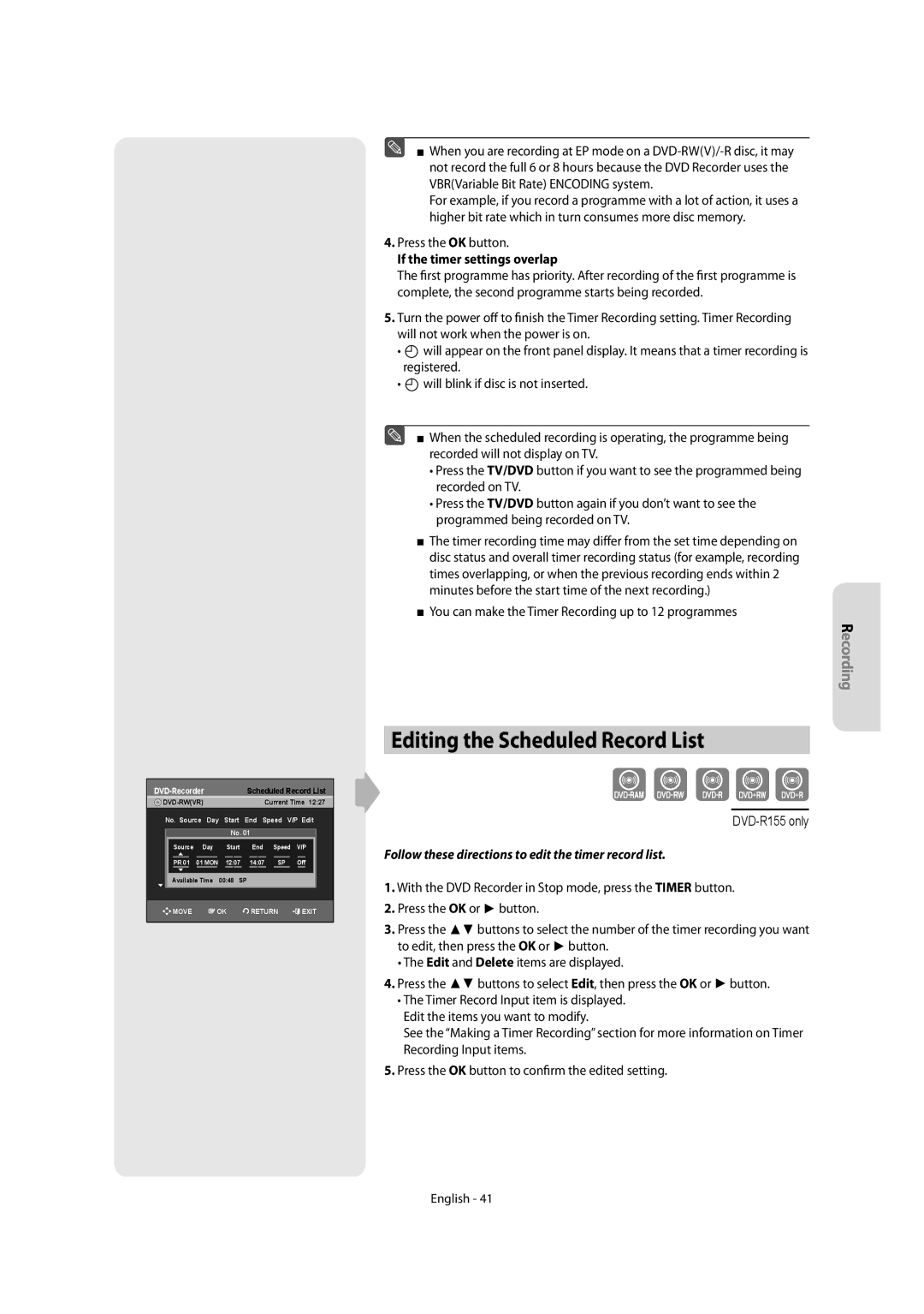 Samsung DVD-R155/XEB, DVD-R150/XEN Editing the Scheduled Record List, Press the OK button, If the timer settings overlap 