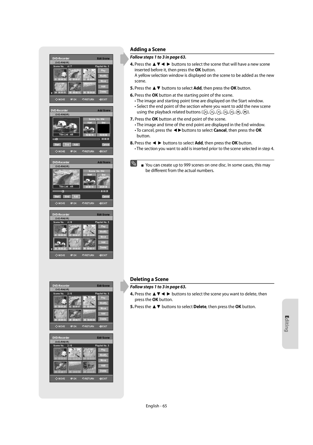 Samsung DVD-R155/XEB, DVD-R150/XEN, DVD-R150/XEB manual Adding a Scene, Deleting a Scene 