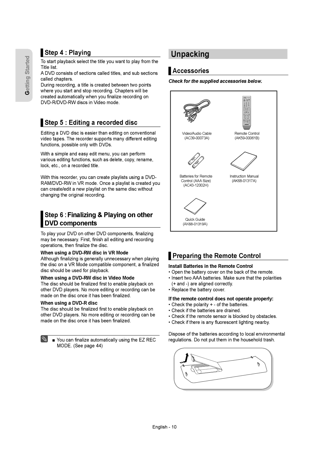 Samsung DVD-R155 instruction manual Unpacking 