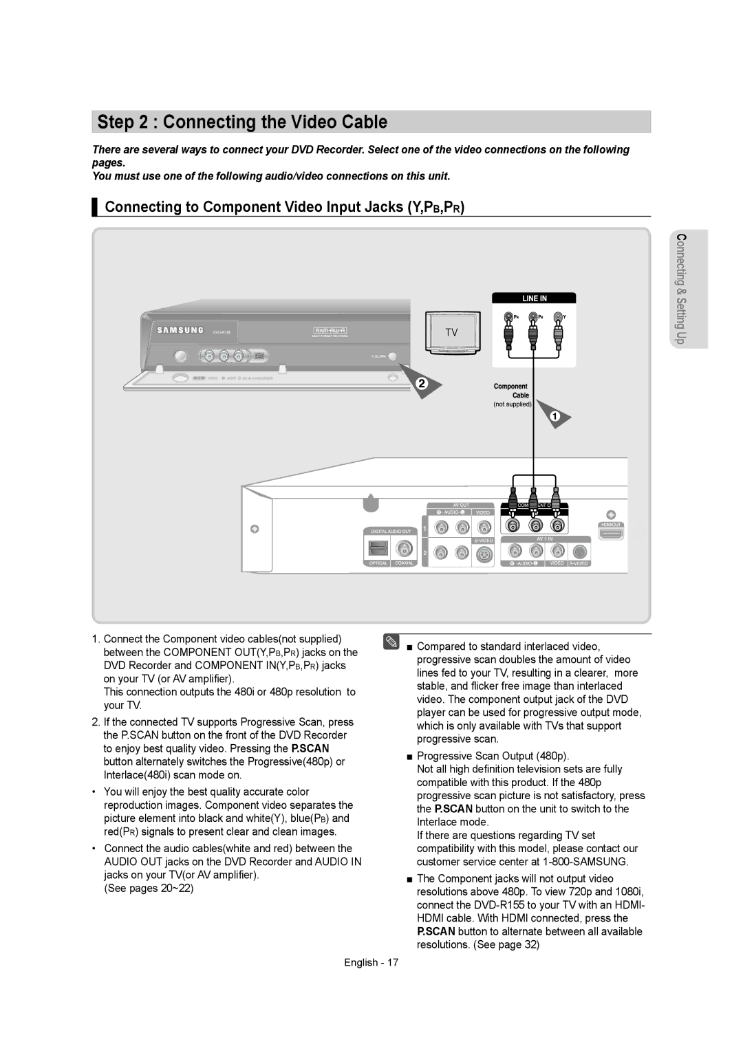 Samsung DVD-R155 instruction manual Connecting the Video Cable, Connecting to Component Video Input Jacks Y,PB,PR 