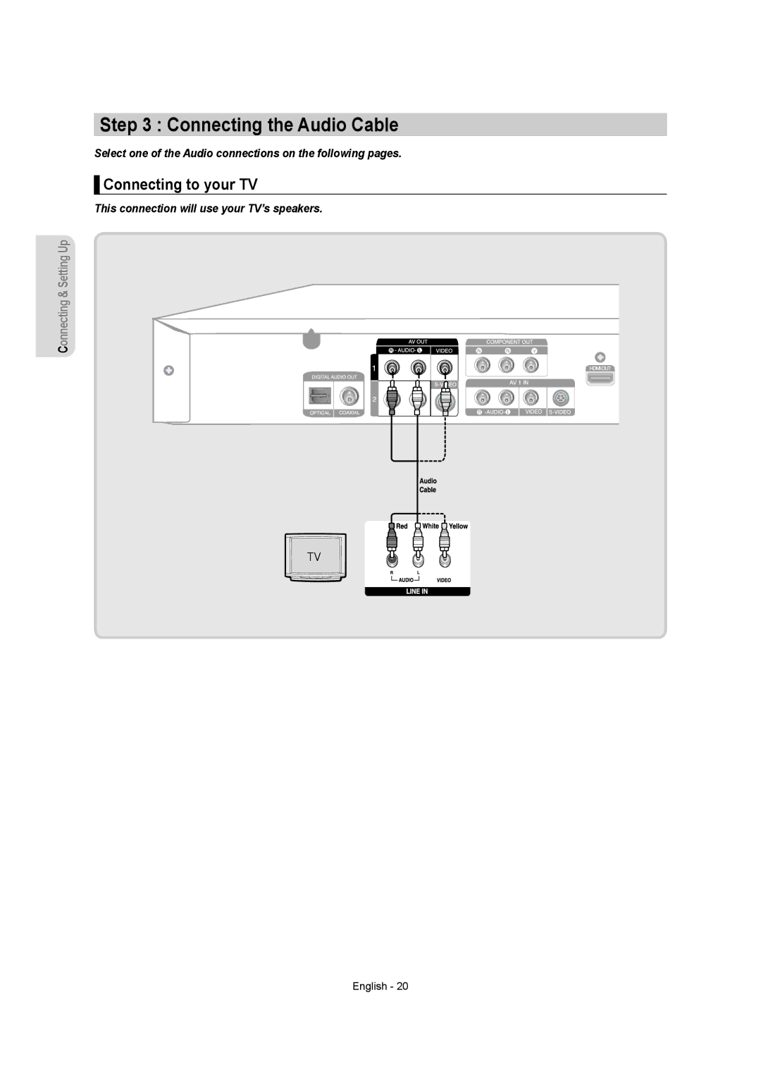 Samsung DVD-R155 Connecting the Audio Cable, Connecting to your TV, This connection will use your TV’s speakers 