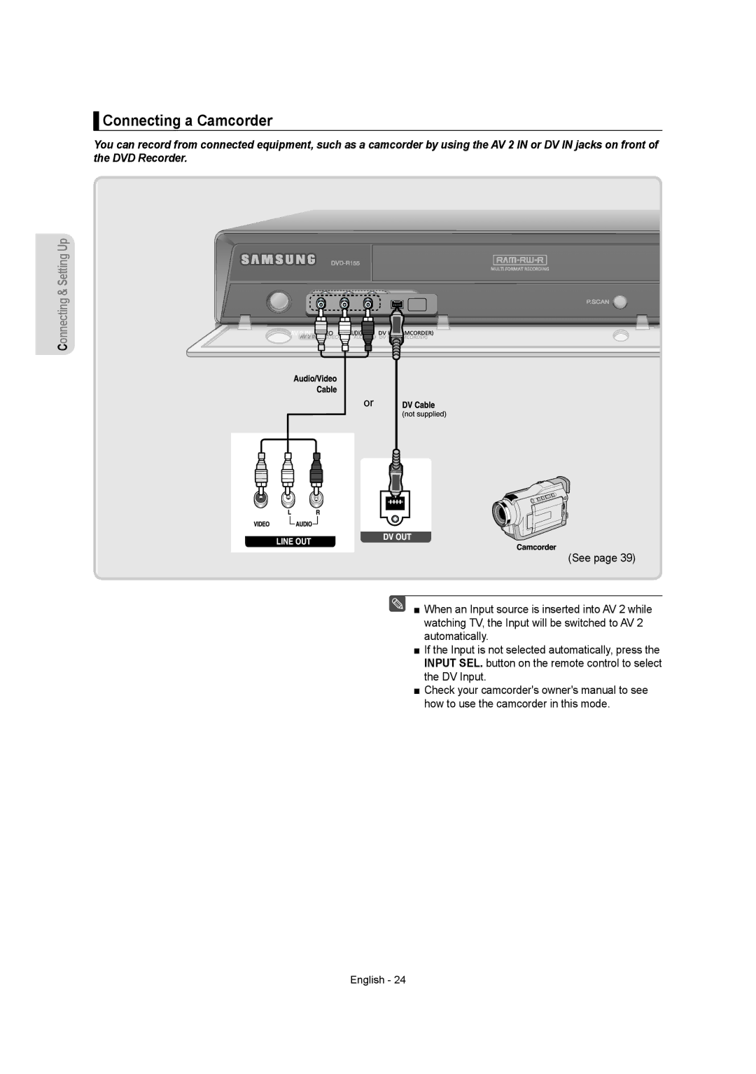 Samsung DVD-R155 instruction manual Connecting a Camcorder 