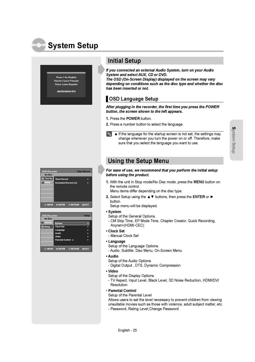 Samsung DVD-R155 instruction manual Initial Setup, Using the Setup Menu, OSD Language Setup 