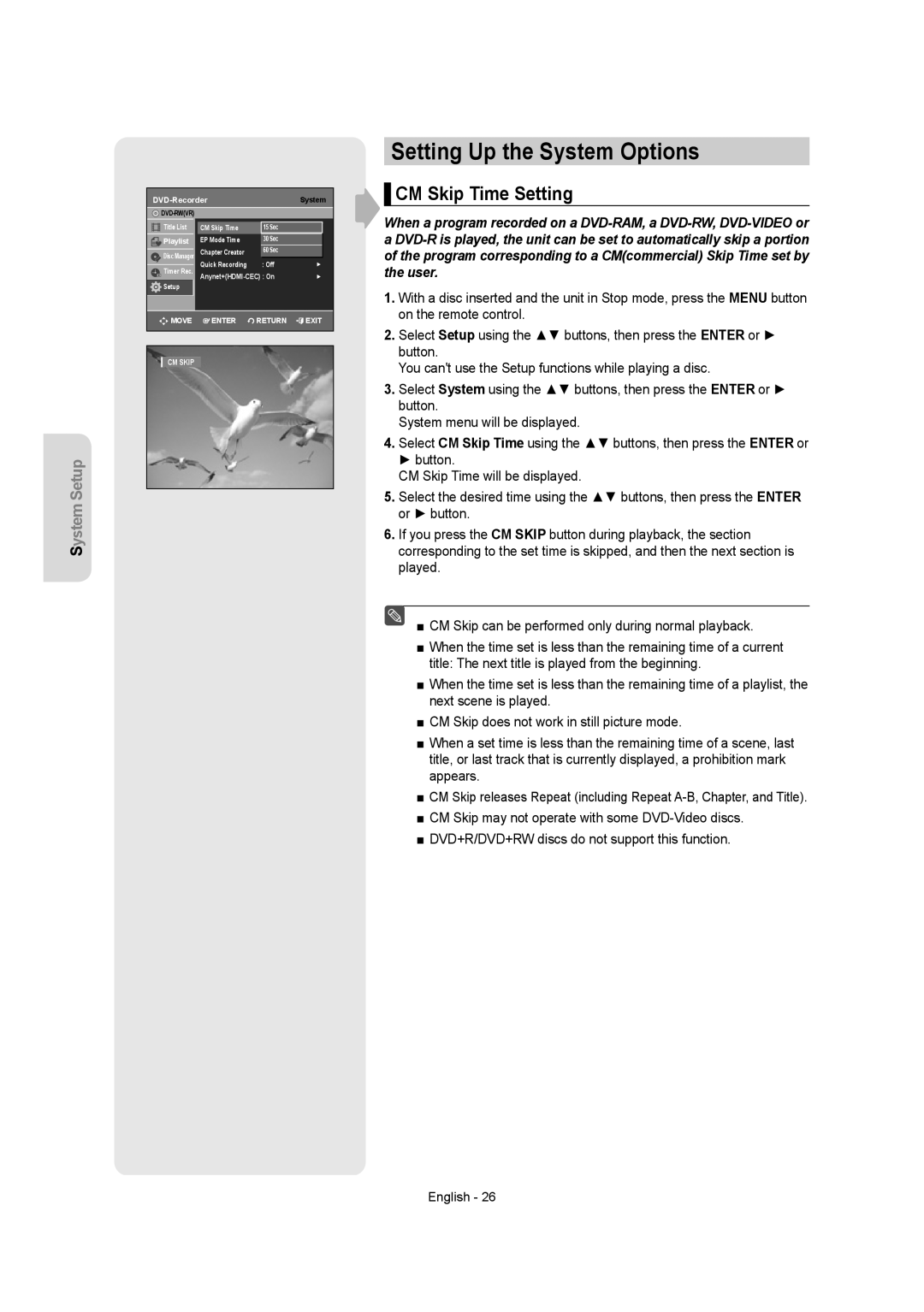 Samsung DVD-R155 instruction manual Setting Up the System Options, CM Skip Time Setting 